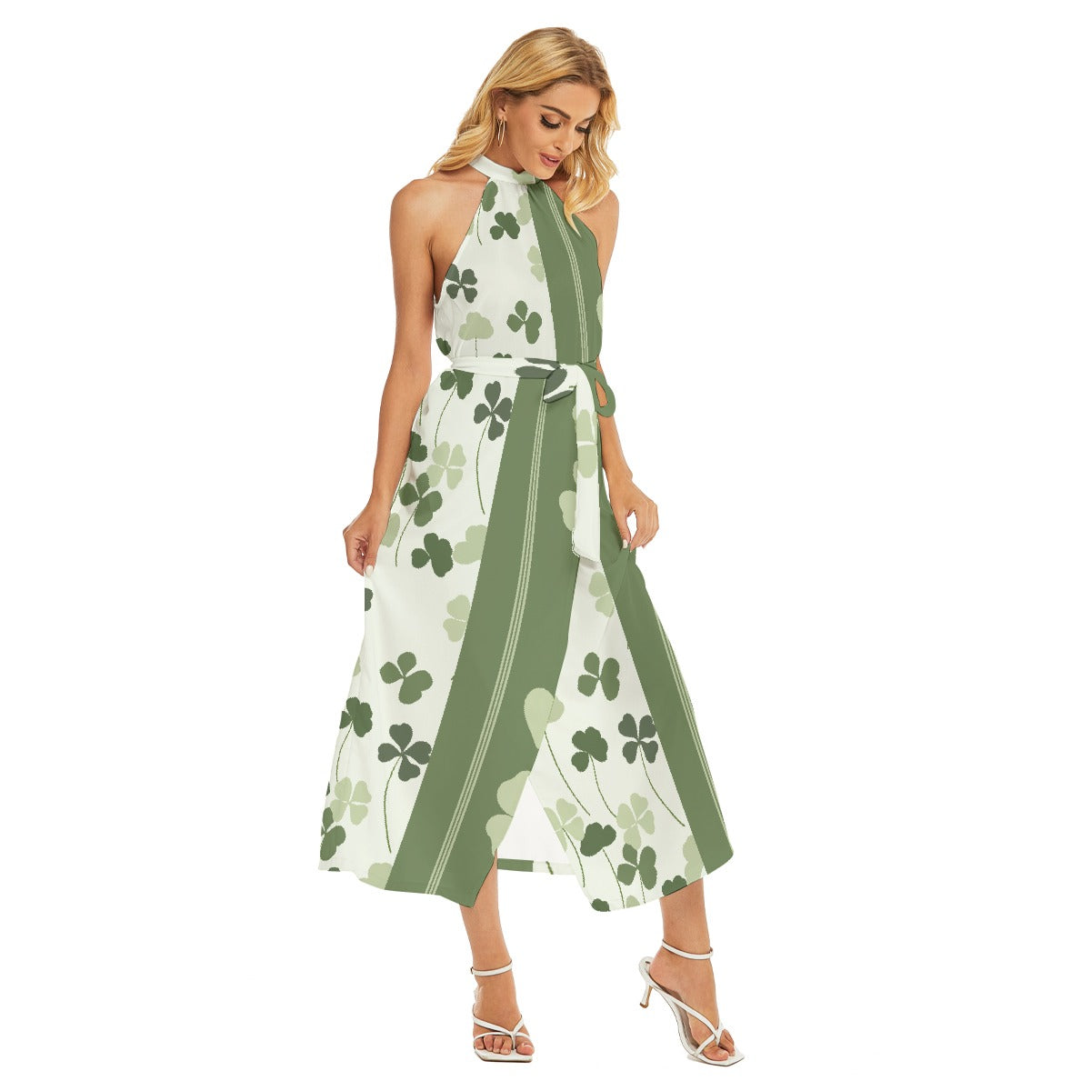 All-Over Print Women's Wrap Hem Belted Halter Dress