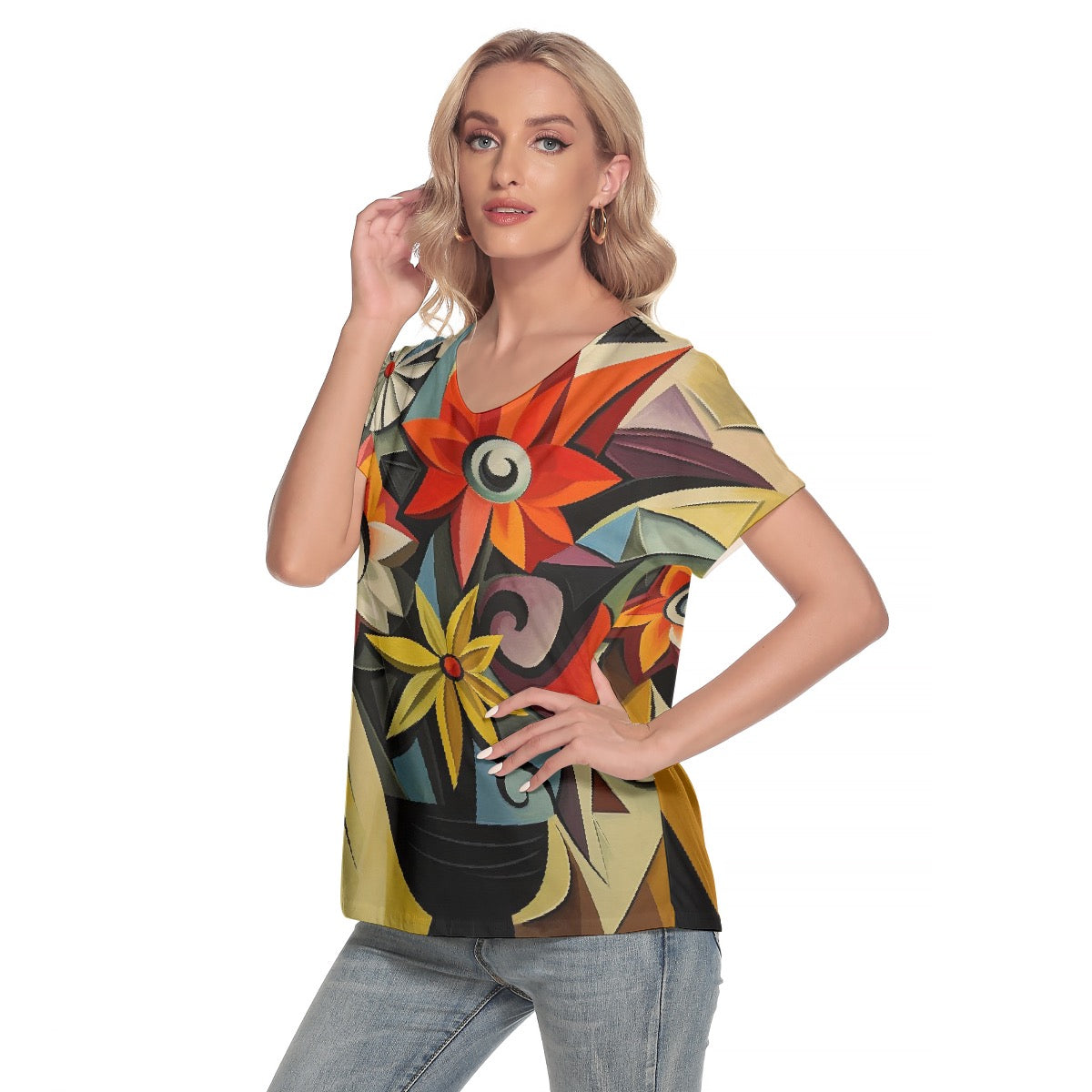 All-Over Print Women's Loose V-neck Short Sleeve T-shirt