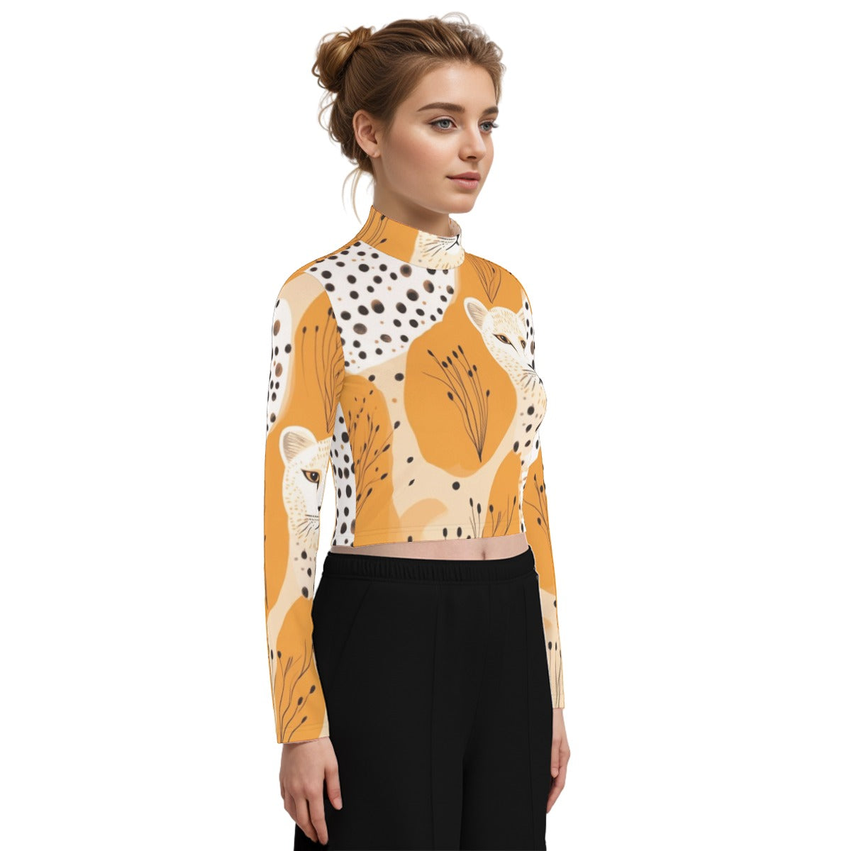 Eco-Friendly All-Over Print Women's Turtleneck T-shirt With Long Sleeve