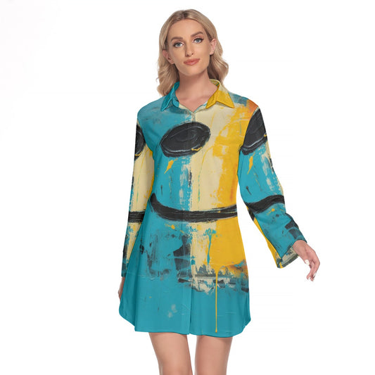 All-Over Print Women's Lapel Shirt Dress With Long Sleeve