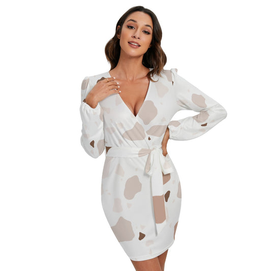 All-Over Print Women's Long Sleeve Dress With Waist Belt