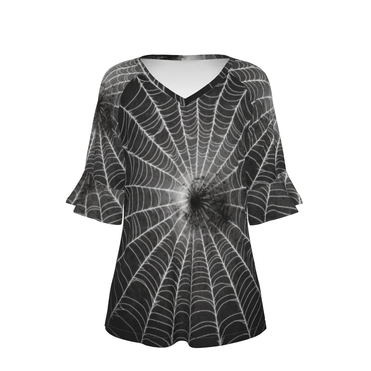 All-Over Print V-neck Women's T-shirt With Bell Sleeve