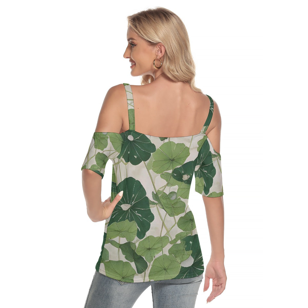 All-Over Print Women's Cold Shoulder T-shirt With Criss Cross Strips