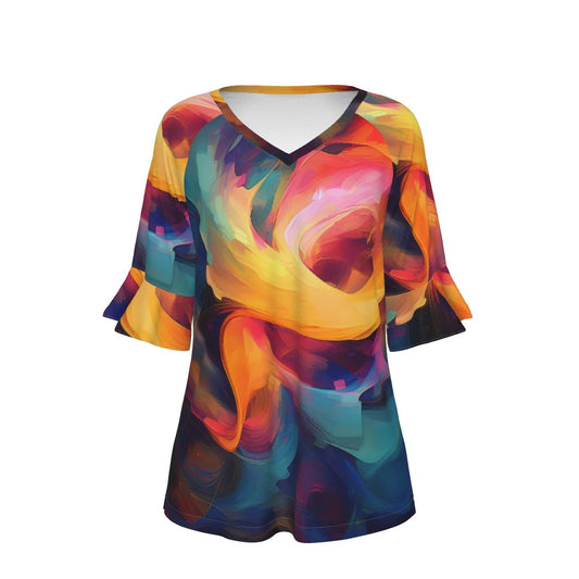 All-Over Print V-neck Women's T-shirt With Bell Sleeve