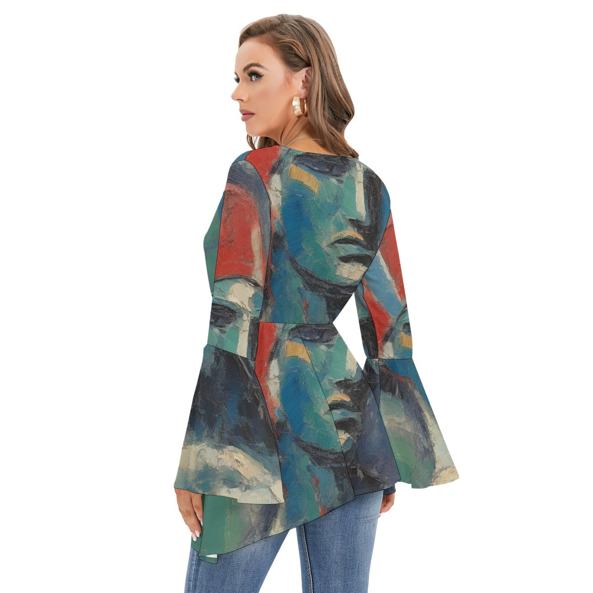 All-Over Print Women's V-neck Blouse With Flared Sleeves