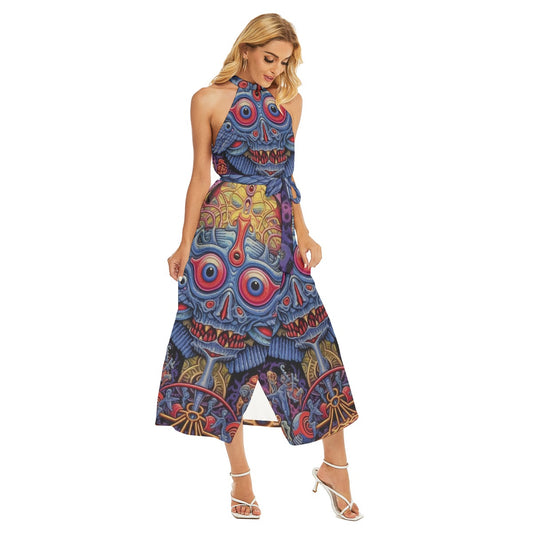 All-Over Print Women's Wrap Hem Belted Halter Dress