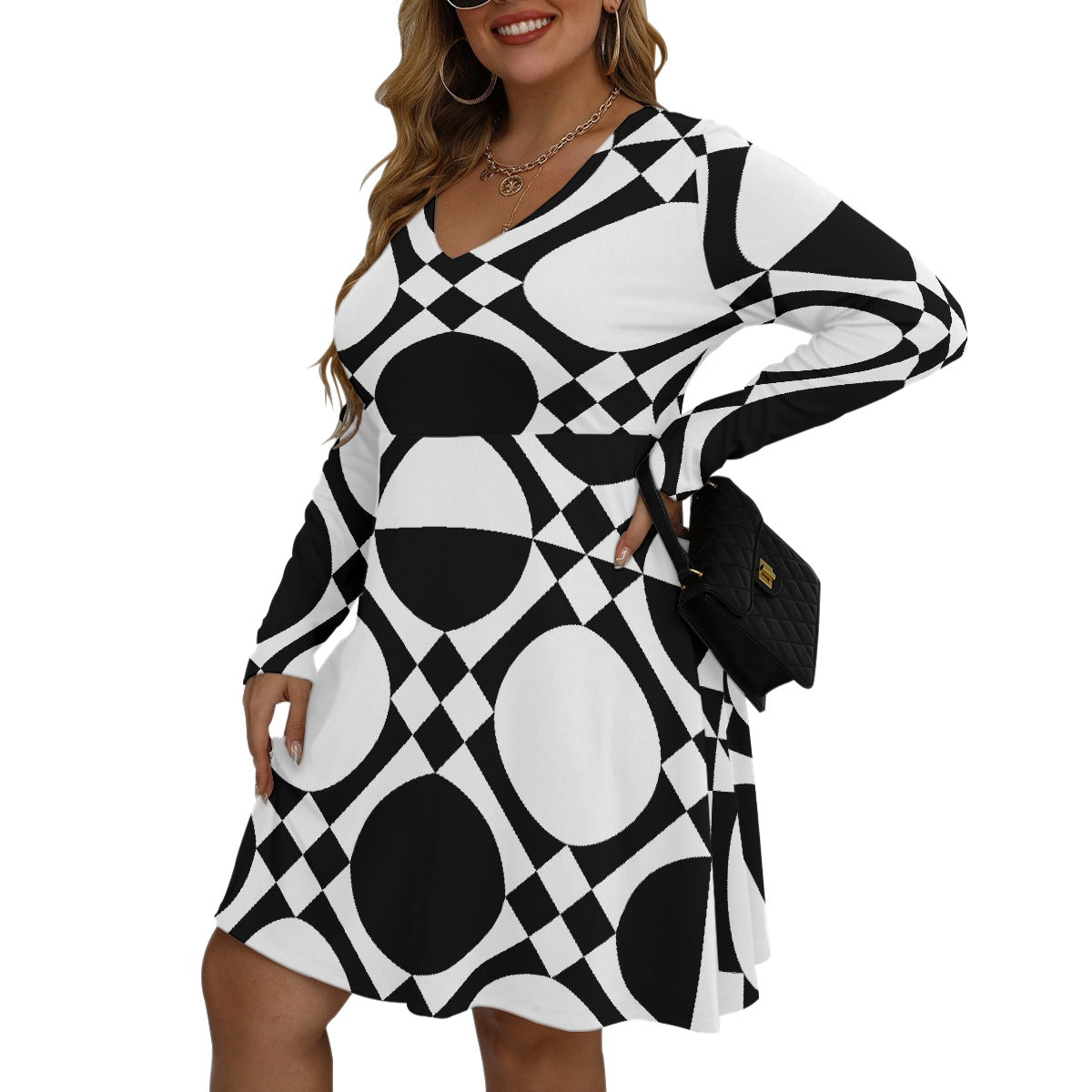 All-Over Print Women's V-neck Long Sleeve Dress(Plus Size)