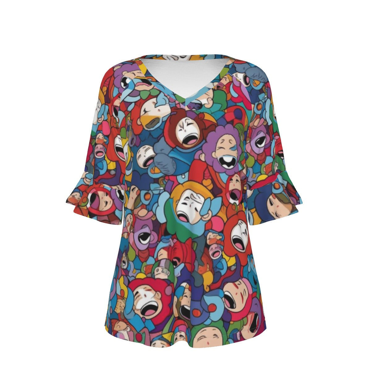 All-Over Print V-neck Women's T-shirt With Bell Sleeve