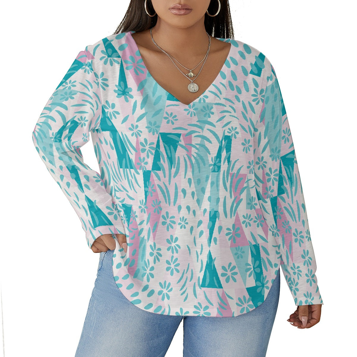 All-Over Print Women's V-neck T-shirt With Curved Hem(Plus Size)