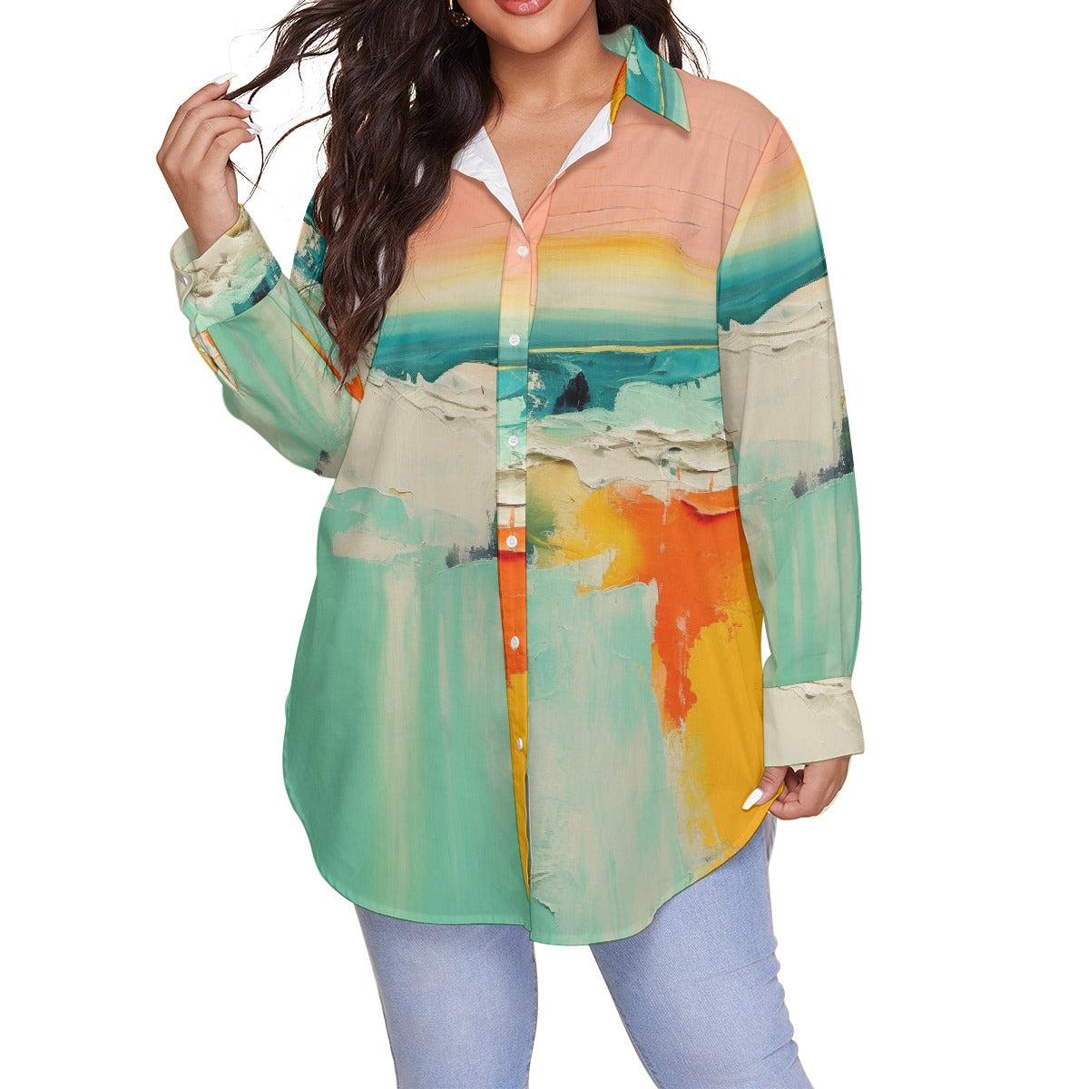 All-Over Print Women's Shirt With Long Sleeve(Plus Size)