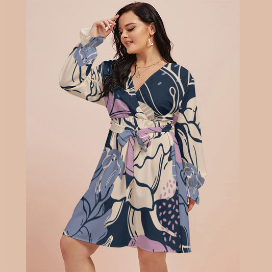 All-Over Print Women's V-neck Dress With Waistband(Plus Size)