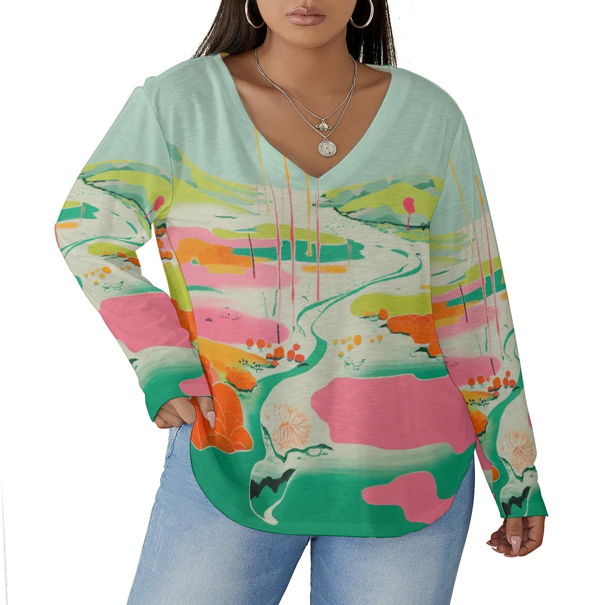 All-Over Print Women's V-neck T-shirt With Curved Hem(Plus Size)