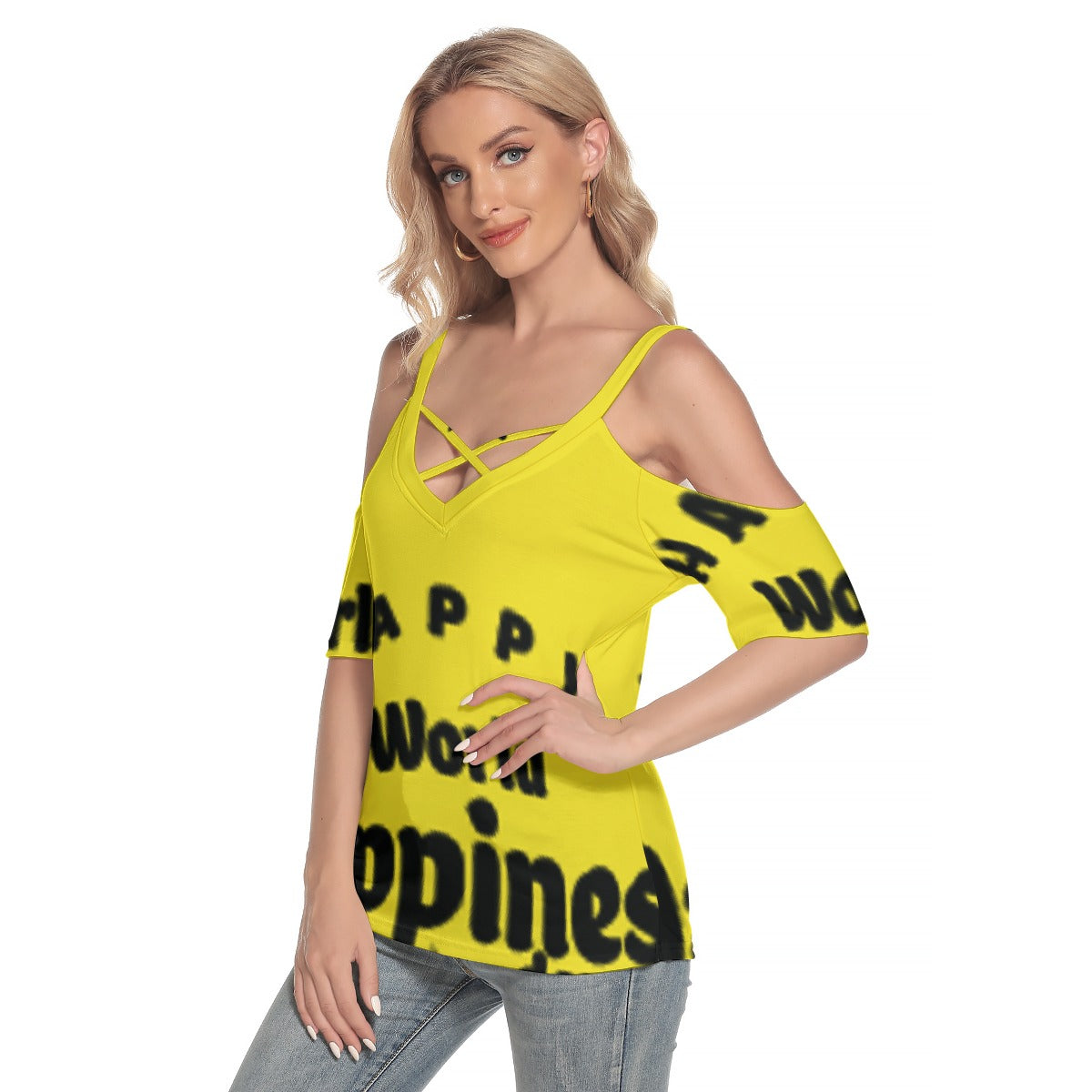 All-Over Print Women's Cold Shoulder T-shirt With Criss Cross Strips