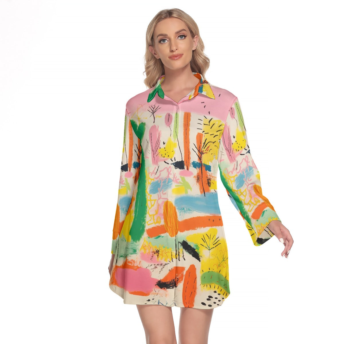 All-Over Print Women's Lapel Shirt Dress With Long Sleeve