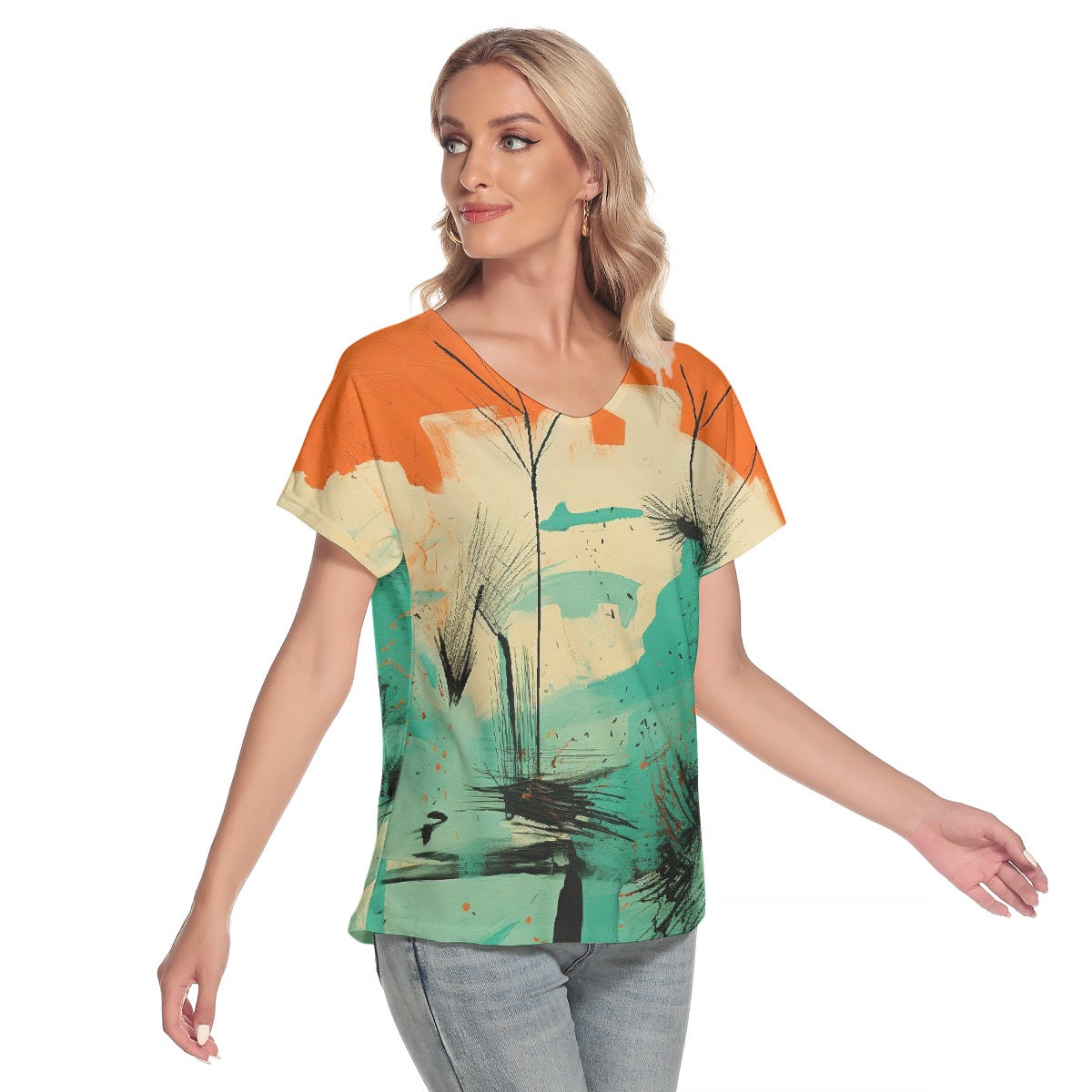 All-Over Print Women's Loose V-neck Short Sleeve T-shirt