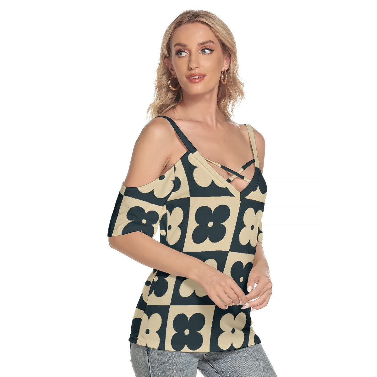 All-Over Print Women's Cold Shoulder T-shirt With Criss Cross Strips