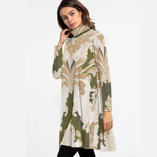 All-Over Print Women's High Neck Dress With Long Sleeve