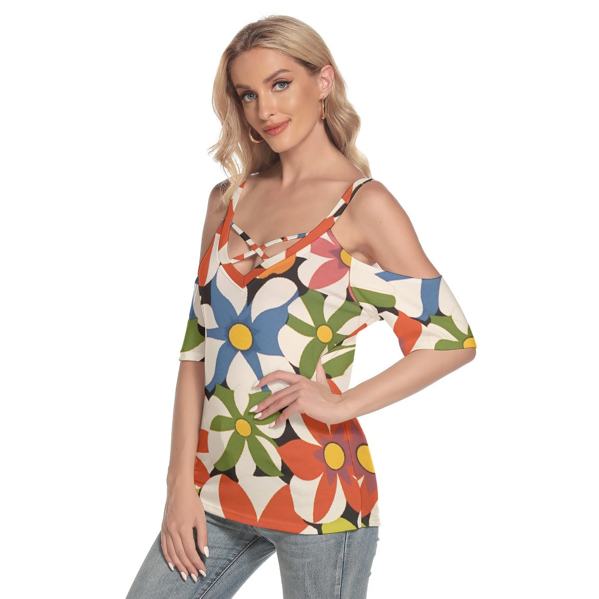 All-Over Print Women's Cold Shoulder T-shirt With Criss Cross Strips