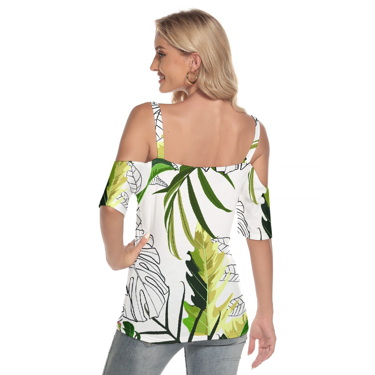 All-Over Print Women's Cold Shoulder T-shirt With Criss Cross Strips