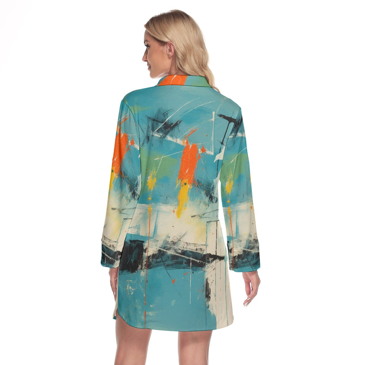 All-Over Print Women's Lapel Shirt Dress With Long Sleeve