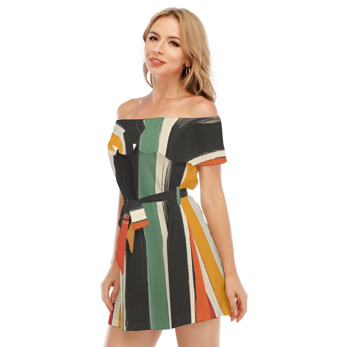 All-Over Print Women's Off-shoulder Dress With Ruffle