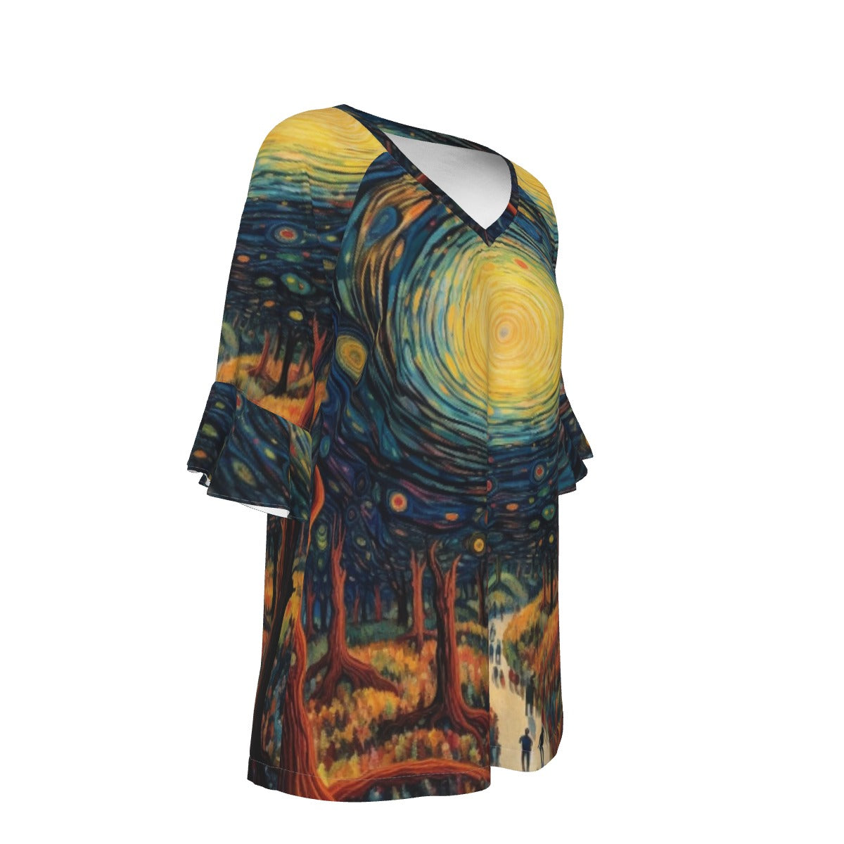 All-Over Print V-neck Women's T-shirt With Bell Sleeve