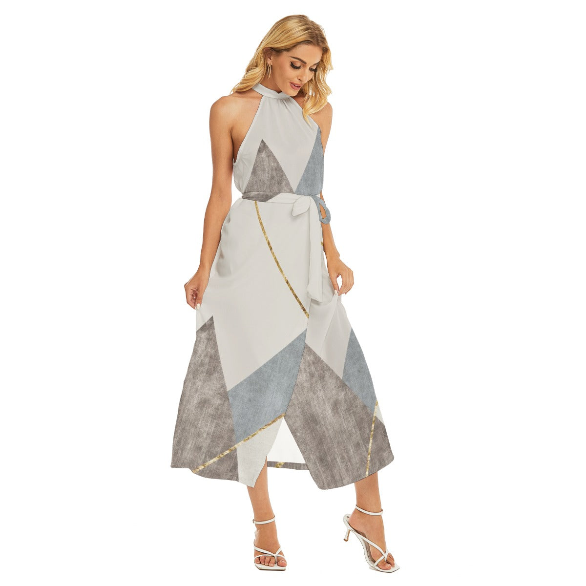 All-Over Print Women's Wrap Hem Belted Halter Dress