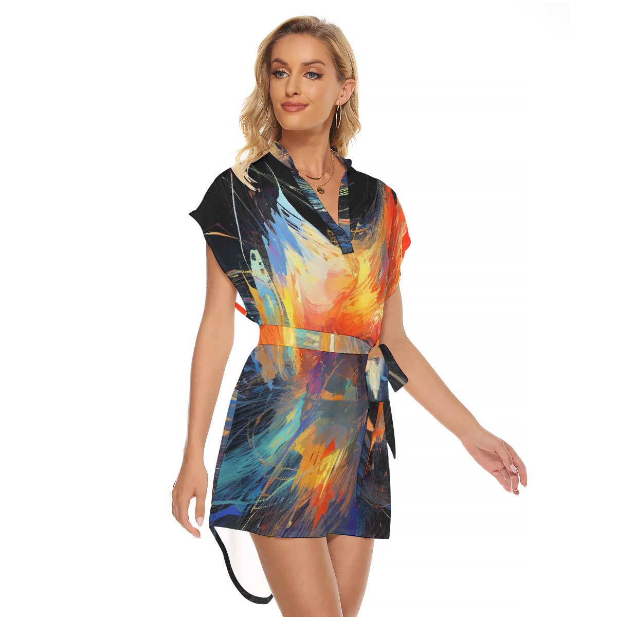 All-Over Print Women's Stand-up Collar Casual Dress With Belt