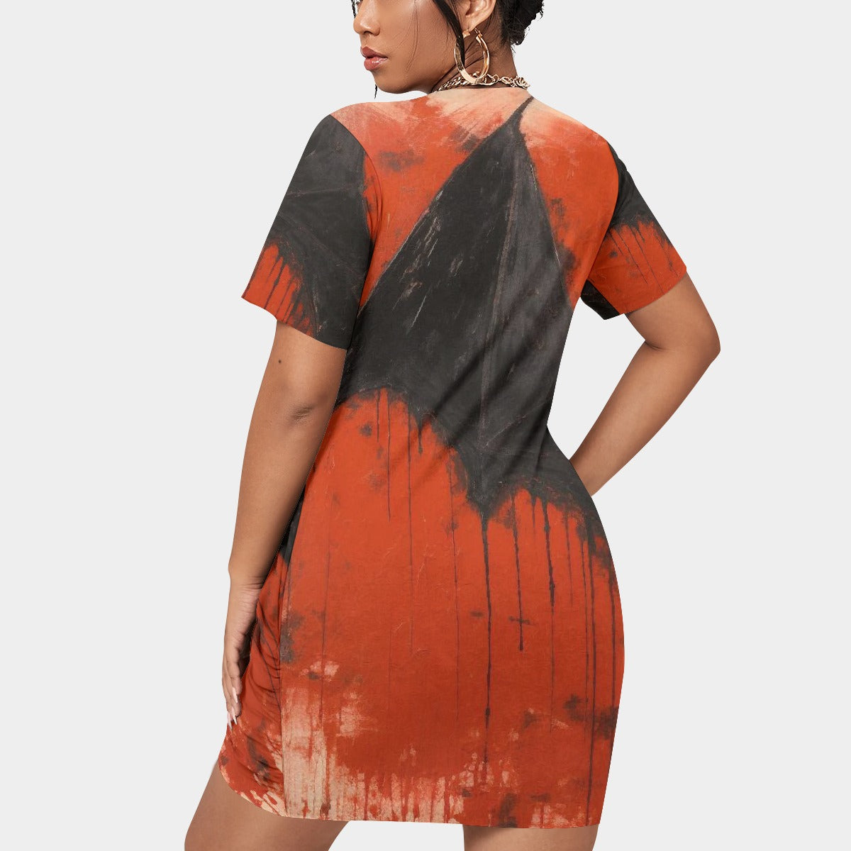 All-Over Print Women’s Stacked Hem Dress With Short Sleeve（Plus Size）