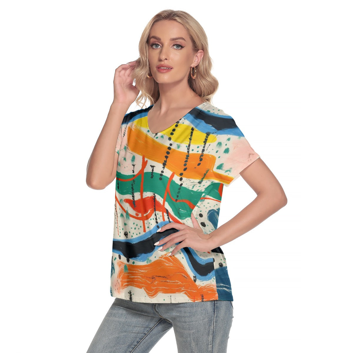 All-Over Print Women's Loose V-neck Short Sleeve T-shirt