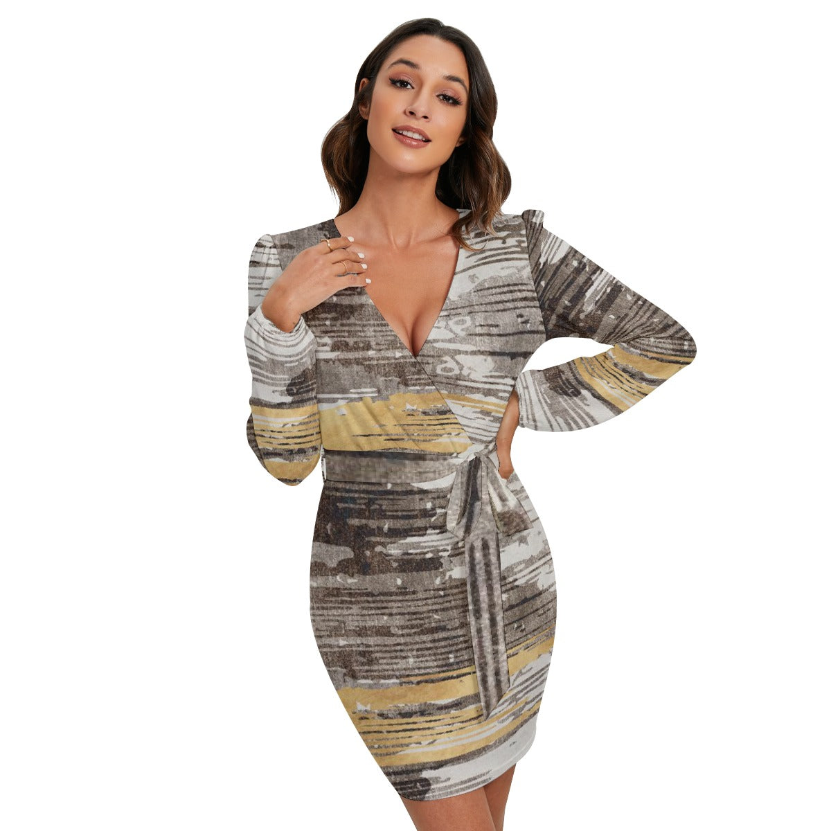 All-Over Print Women's Long Sleeve Dress With Waist Belt