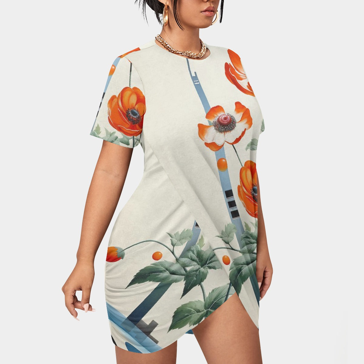 All-Over Print Women’s Stacked Hem Dress With Short Sleeve（Plus Size）