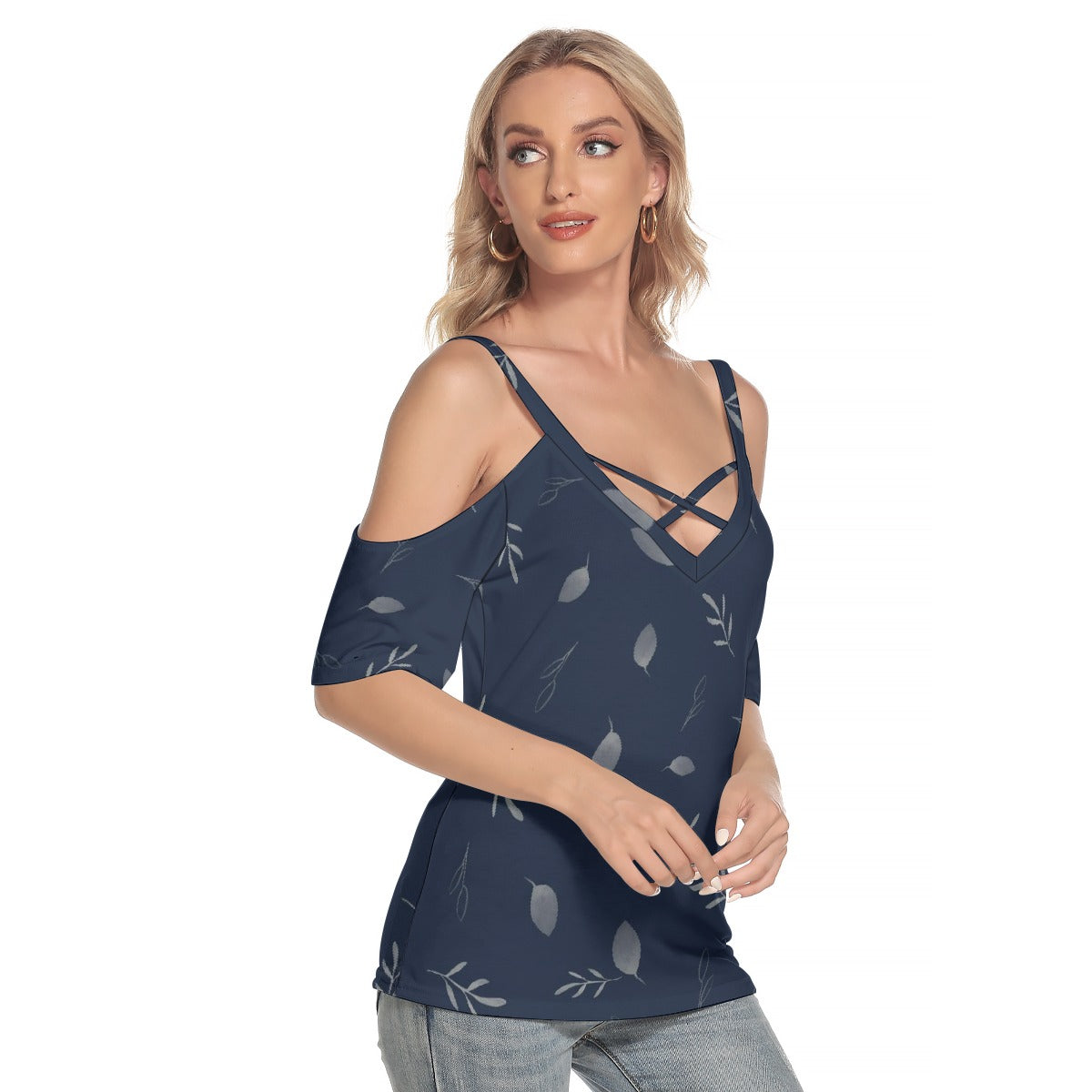 All-Over Print Women's Cold Shoulder T-shirt With Criss Cross Strips