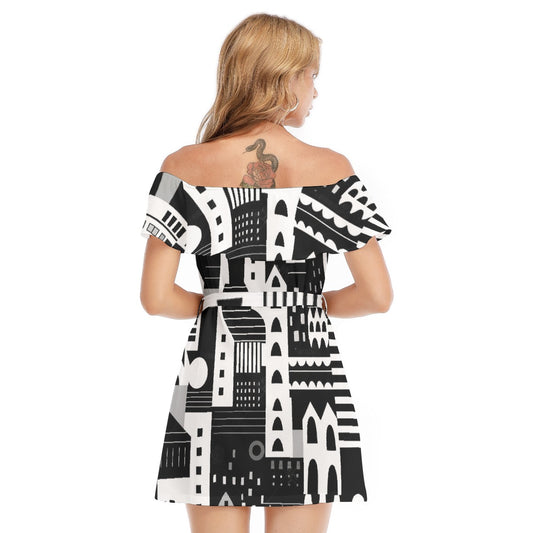 All-Over Print Women's Off-shoulder Dress With Ruffle