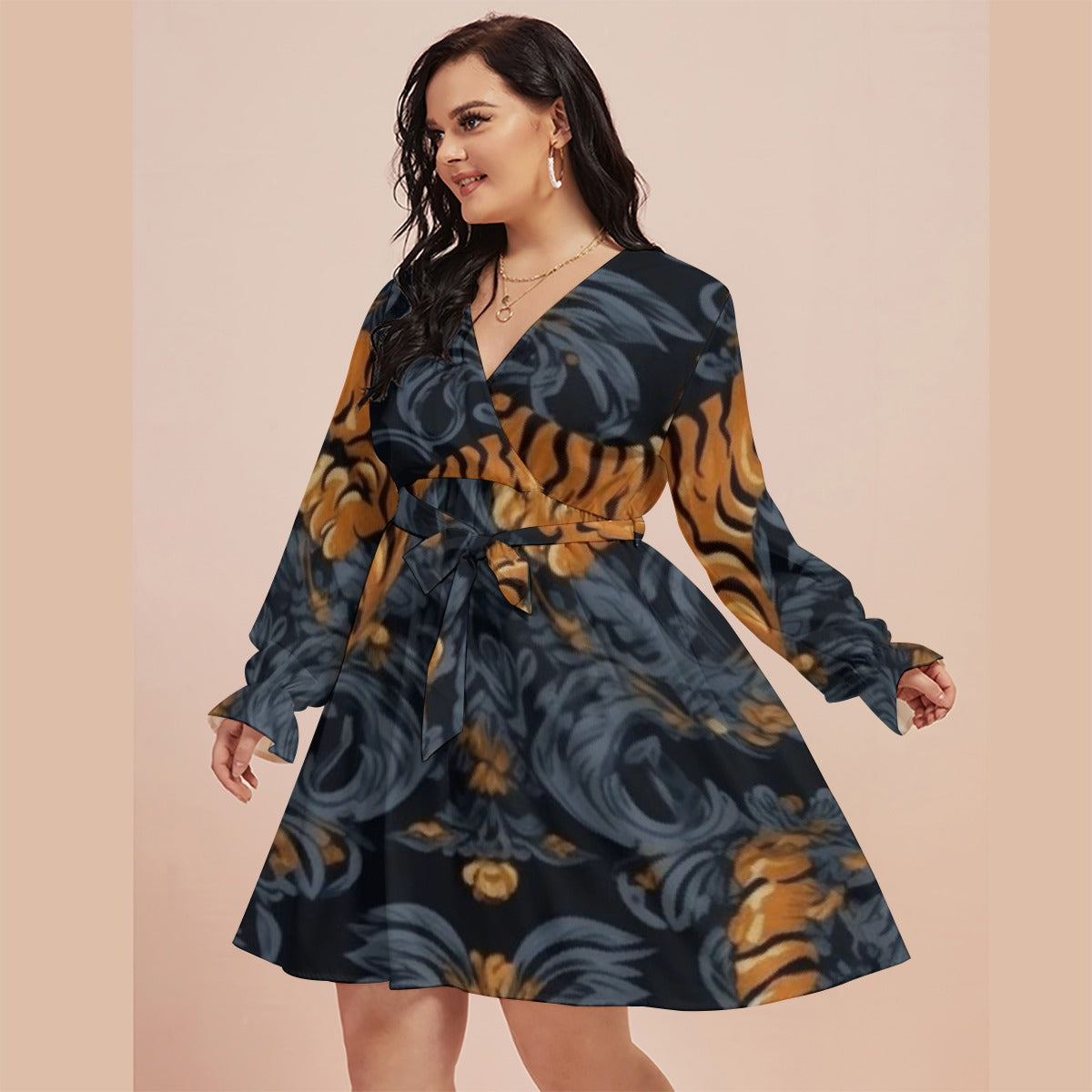 All-Over Print Women's V-neck Dress With Waistband(Plus Size)