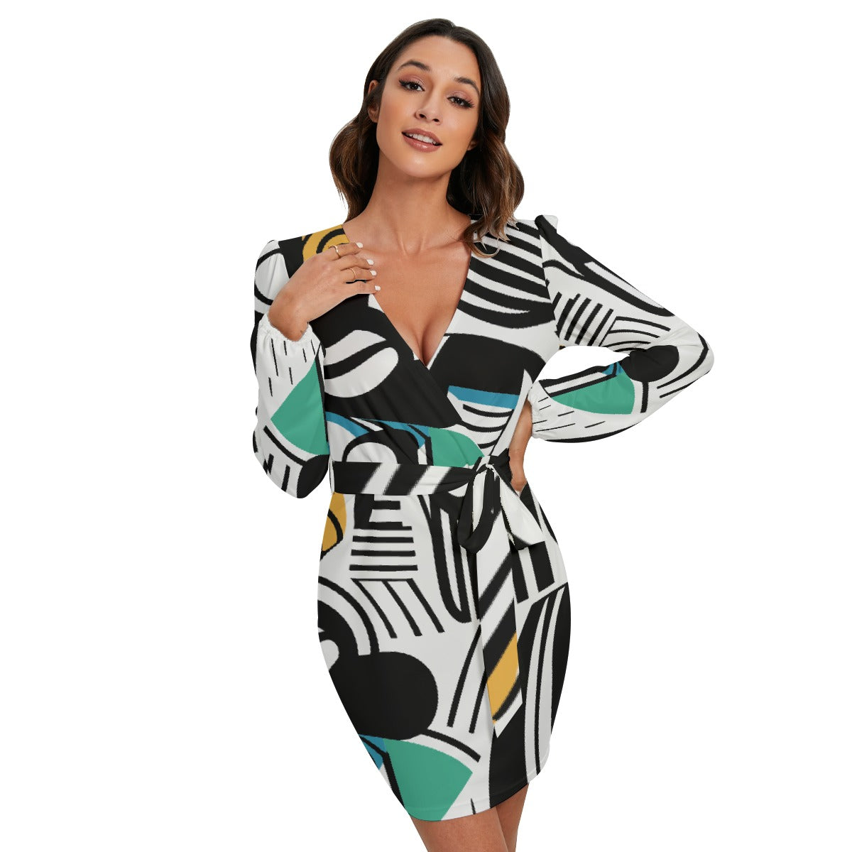 All-Over Print Women's Long Sleeve Dress With Waist Belt