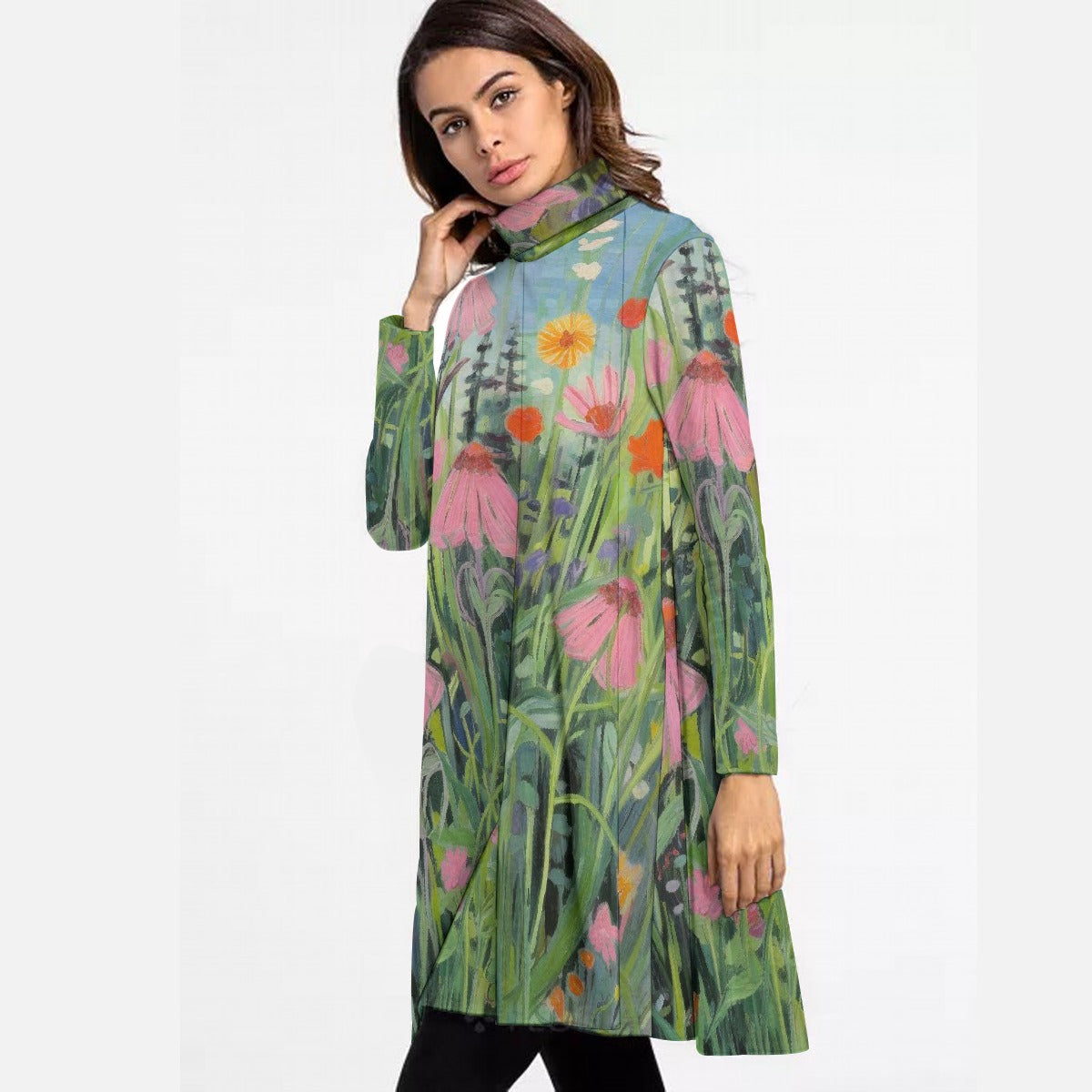 All-Over Print Women's High Neck Dress With Long Sleeve