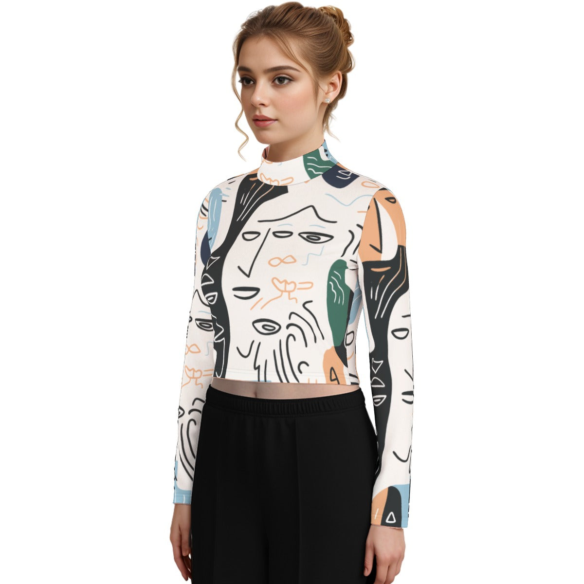 Eco-Friendly All-Over Print Women's Turtleneck T-shirt With Long Sleeve