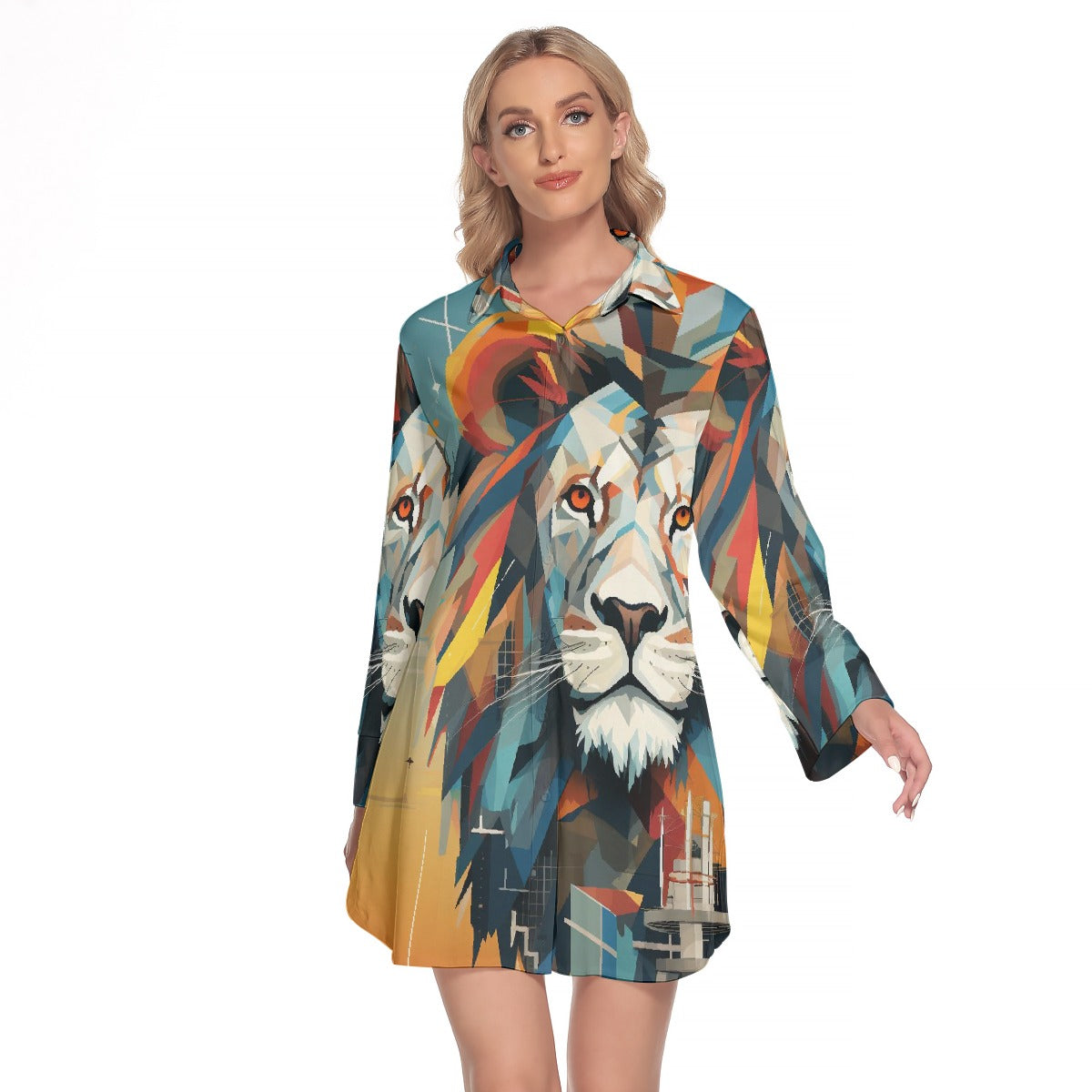 All-Over Print Women's Lapel Shirt Dress With Long Sleeve