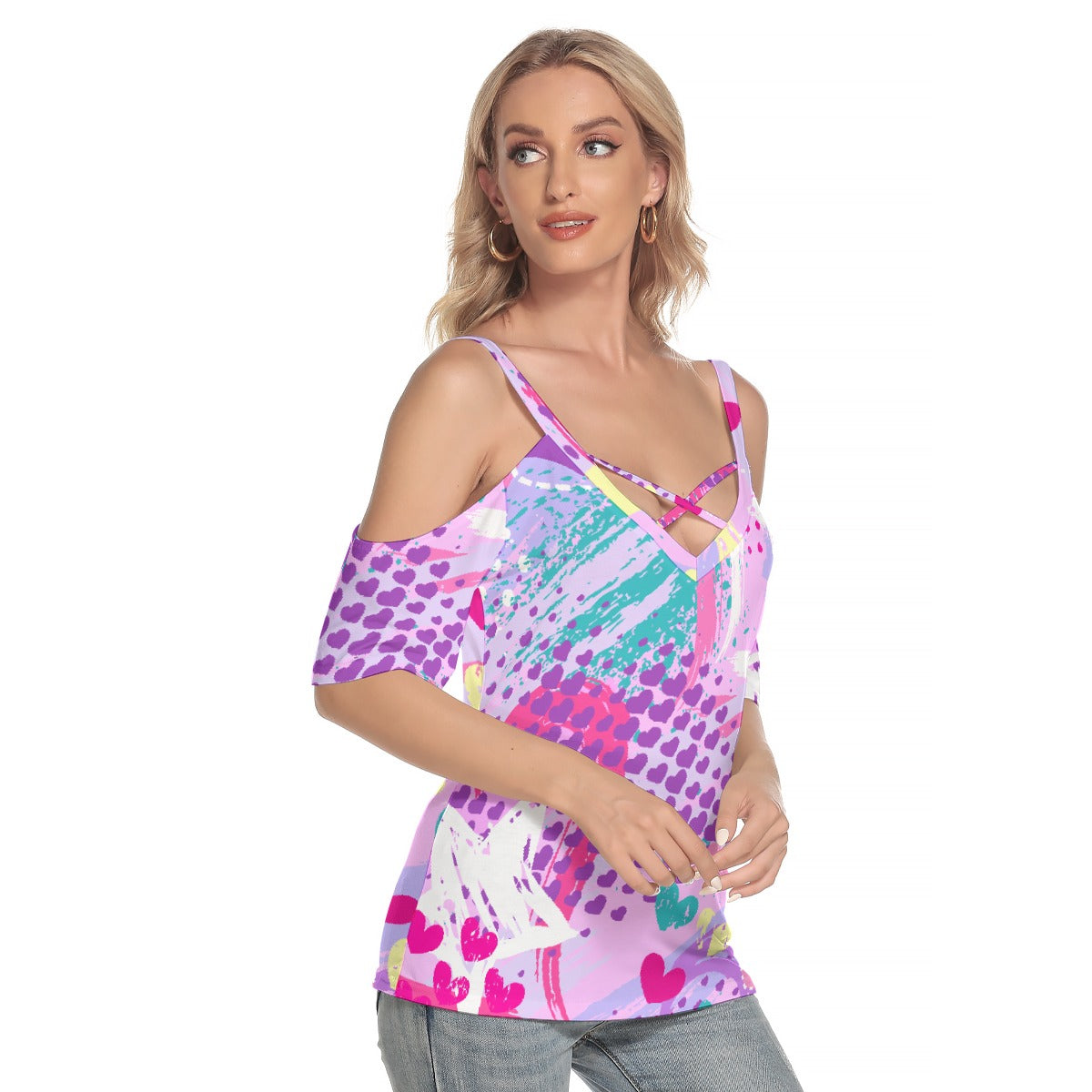 All-Over Print Women's Cold Shoulder T-shirt With Criss Cross Strips