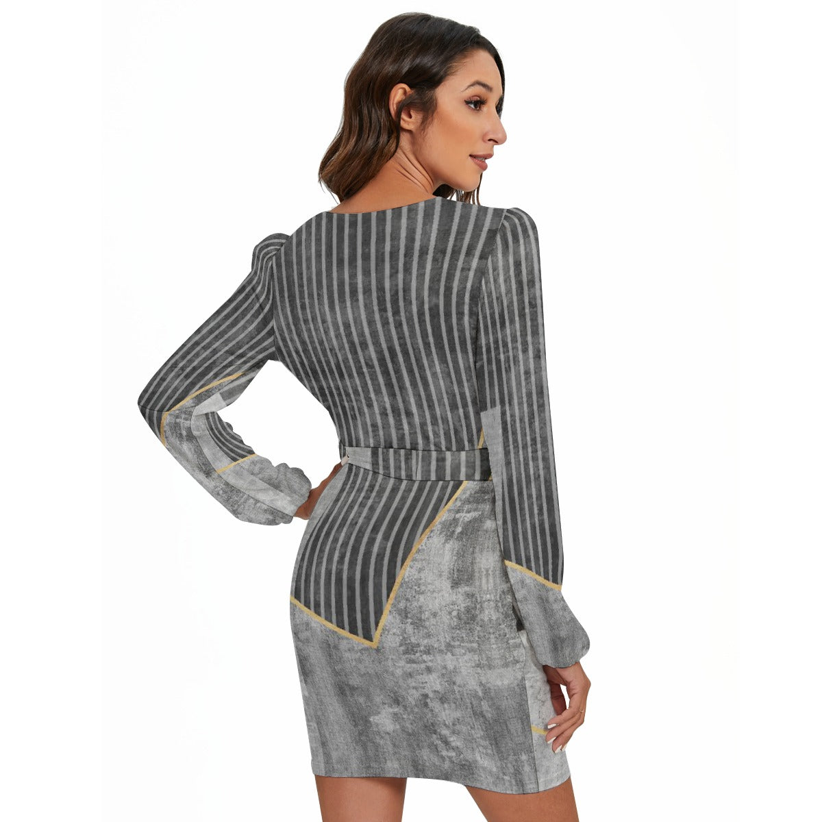 All-Over Print Women's Long Sleeve Dress With Waist Belt