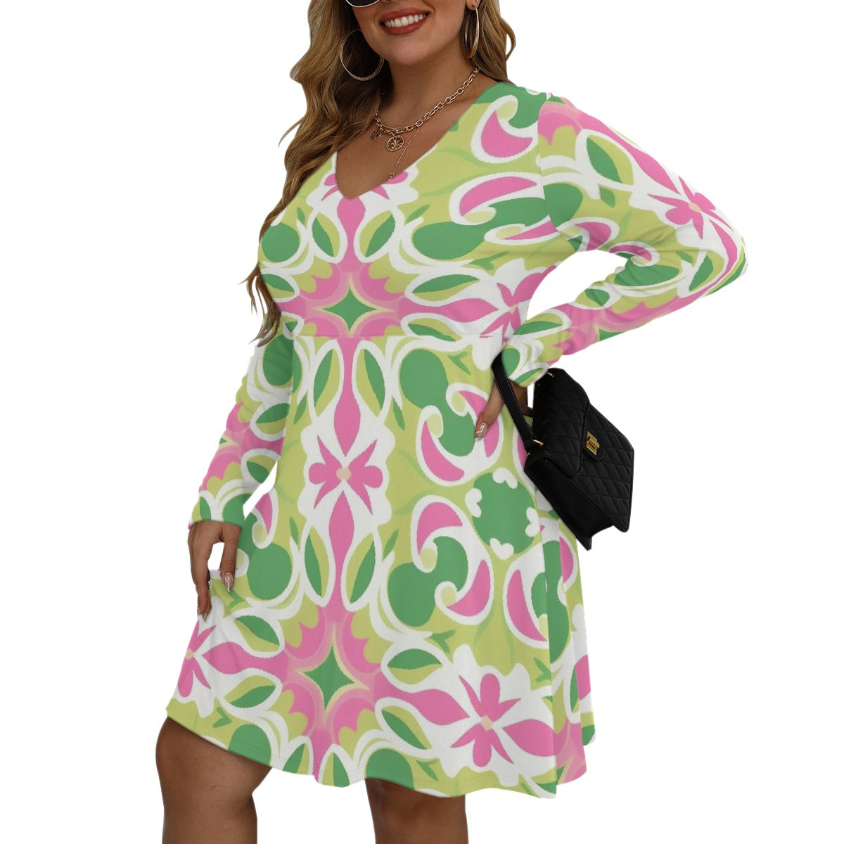 All-Over Print Women's V-neck Long Sleeve Dress(Plus Size)