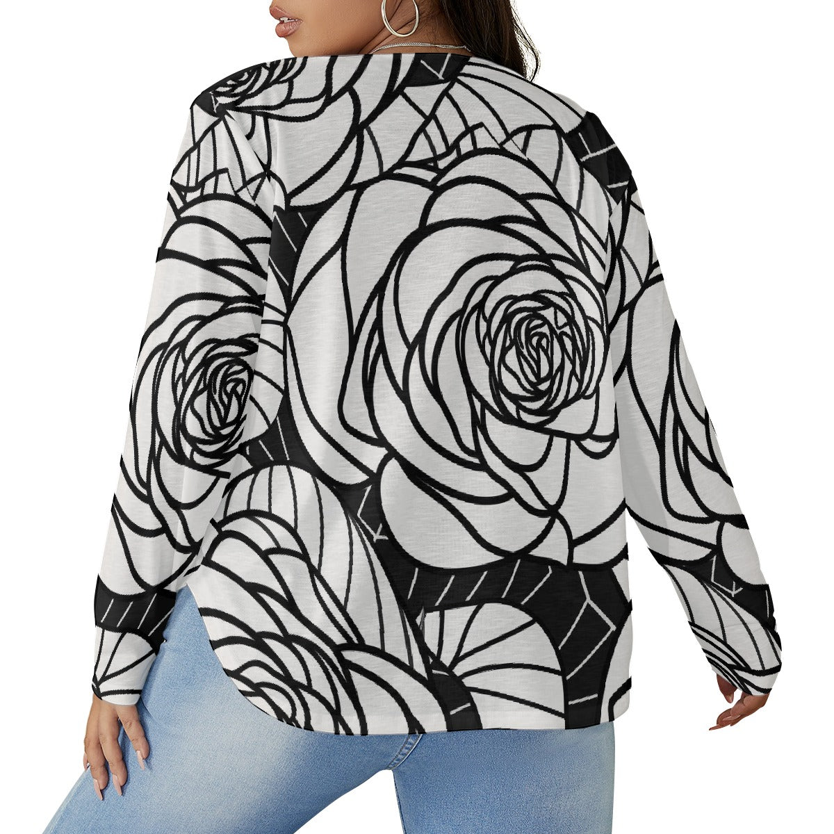 All-Over Print Women's V-neck T-shirt With Curved Hem(Plus Size)