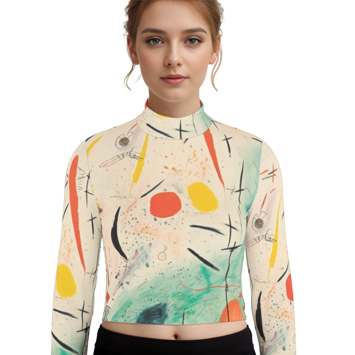 Eco-Friendly All-Over Print Women's Turtleneck T-shirt With Long Sleeve