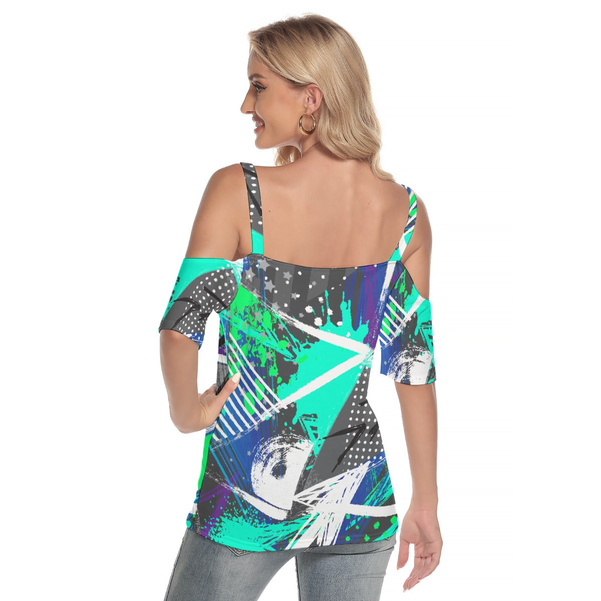 All-Over Print Women's Cold Shoulder T-shirt With Criss Cross Strips