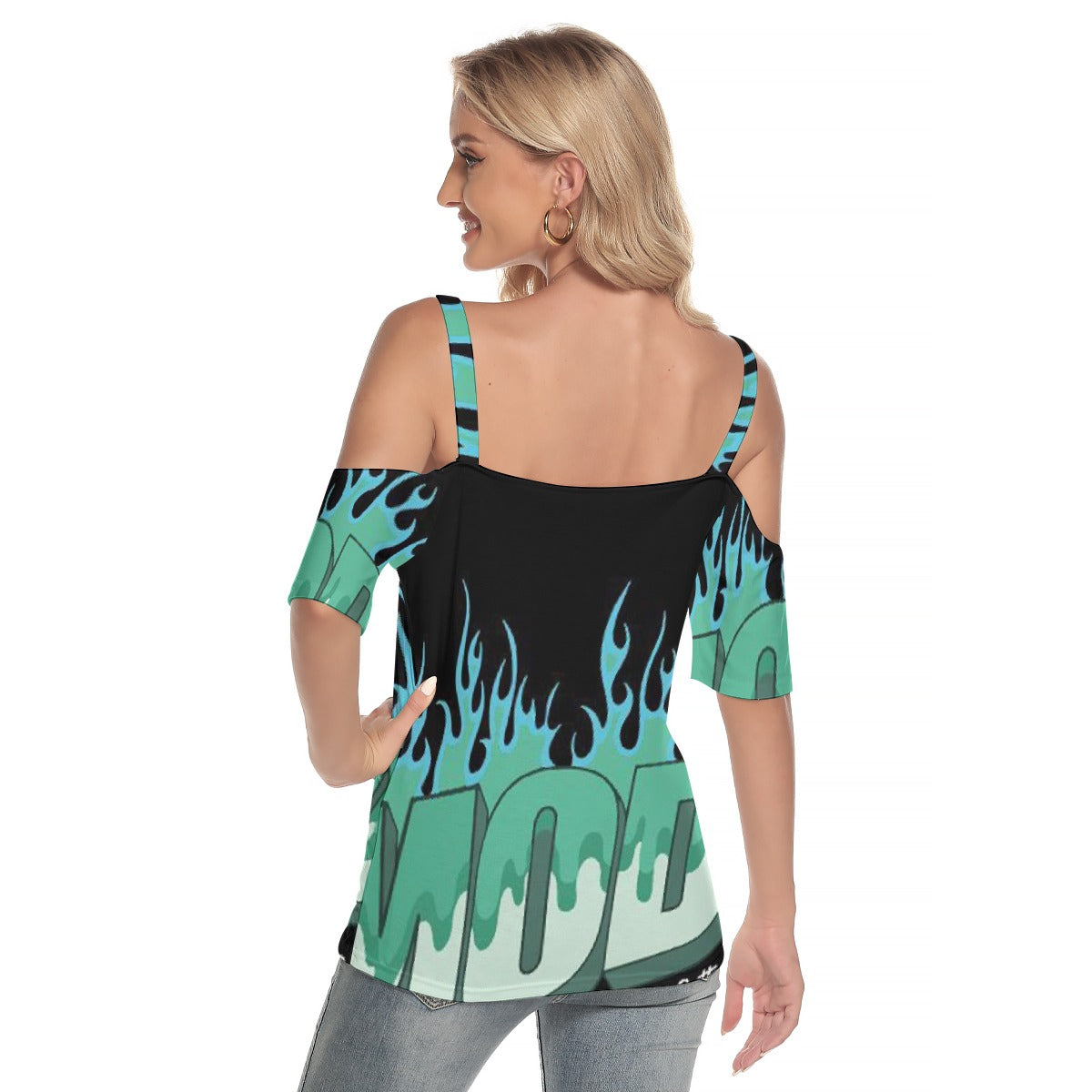 All-Over Print Women's Cold Shoulder T-shirt With Criss Cross Strips