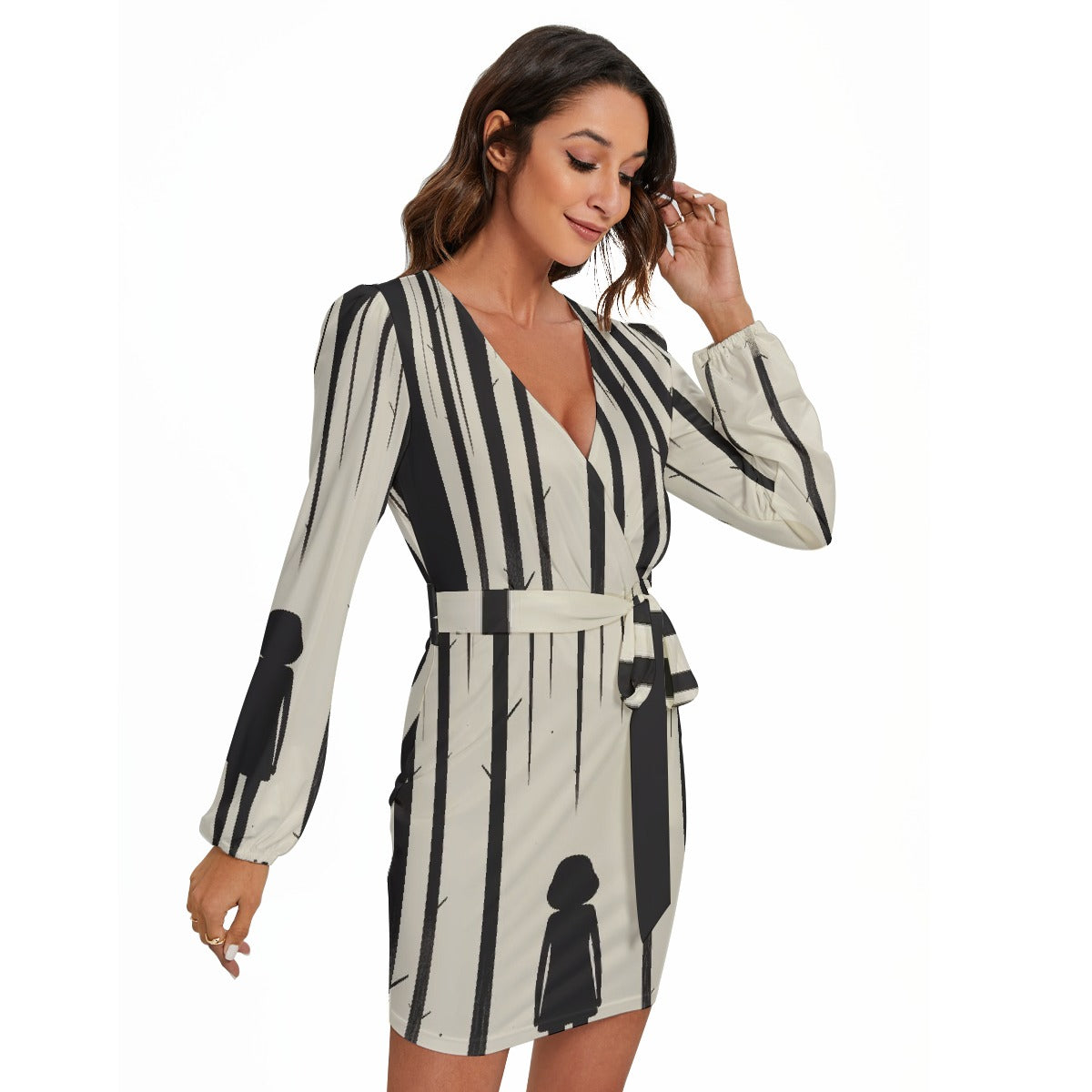 All-Over Print Women's Long Sleeve Dress With Waist Belt