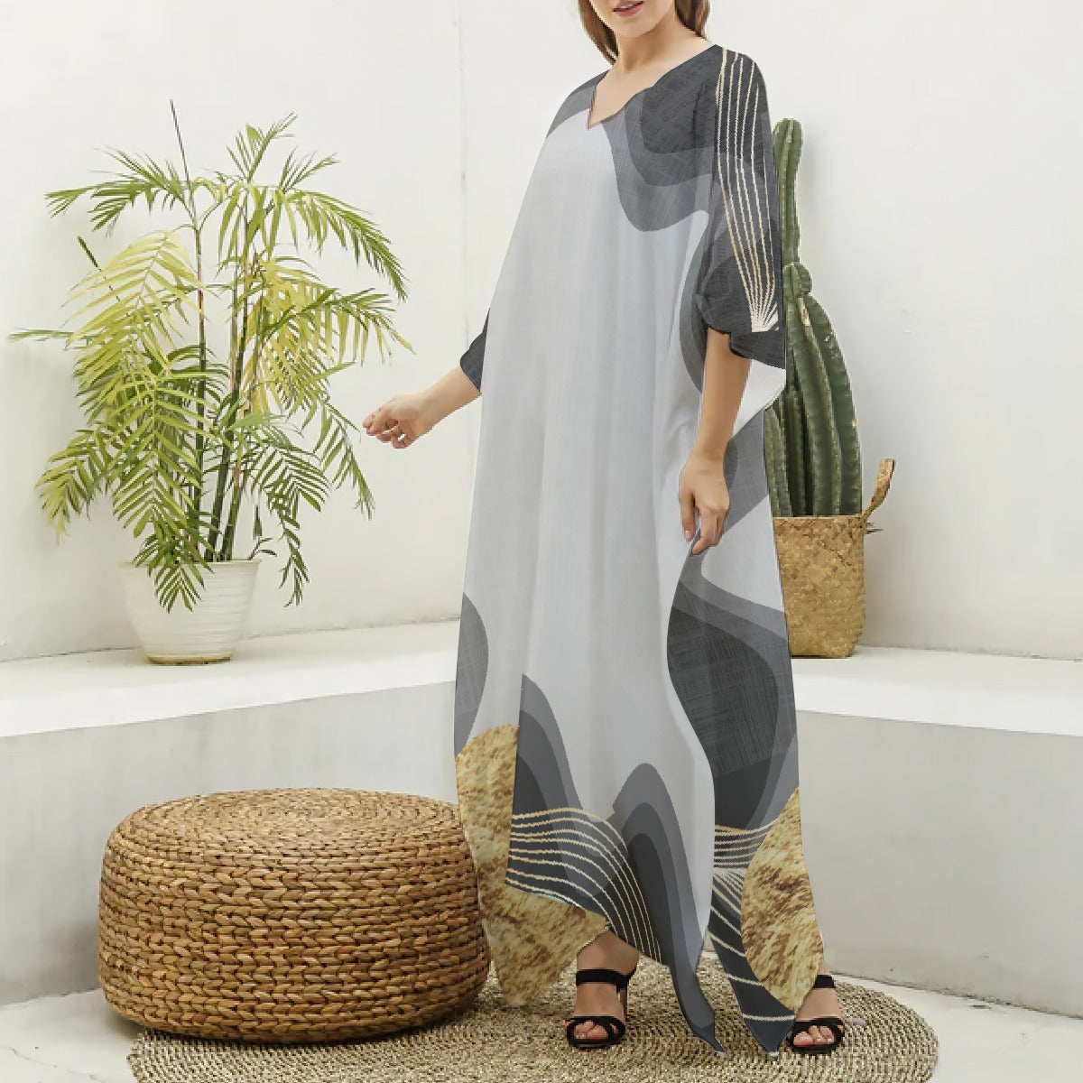 All-Over Print Women's Imitation Silk V-neck Kaftan Robe