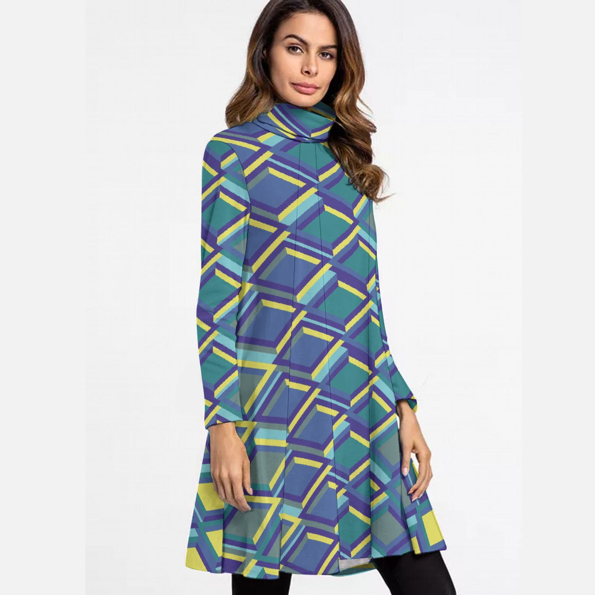 All-Over Print Women's High Neck Dress With Long Sleeve