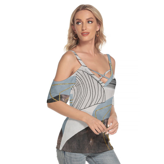 All-Over Print Women's Cold Shoulder T-shirt With Criss Cross Strips